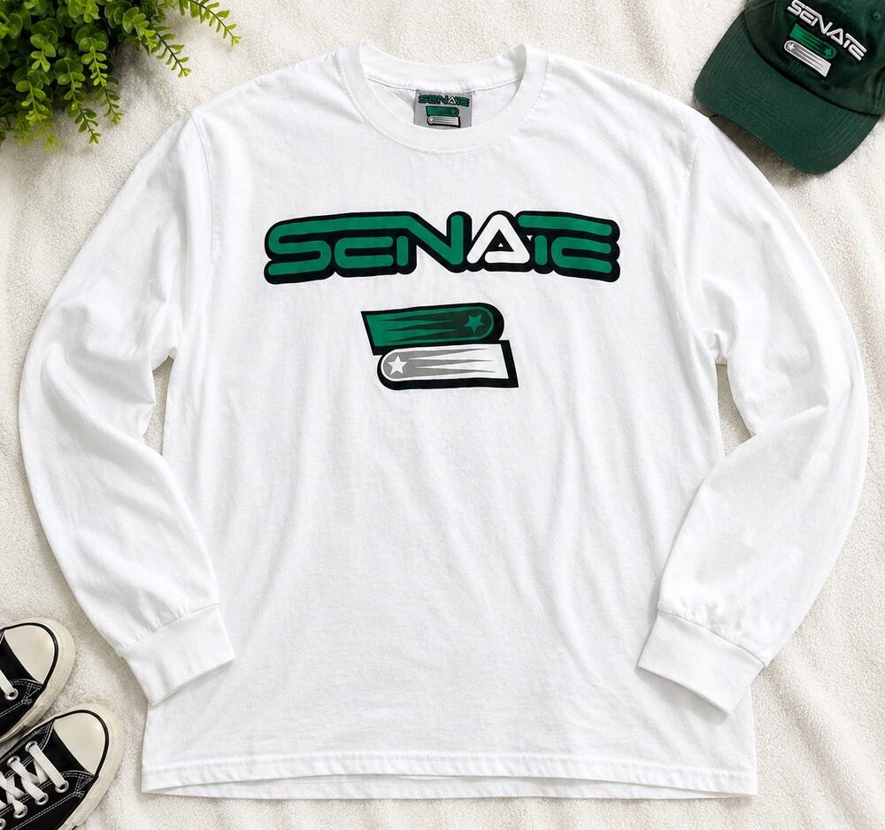 Vintage Senate Long Sleeve Graphic T-Shirt Men’s XLarge White Green Y2K Skate